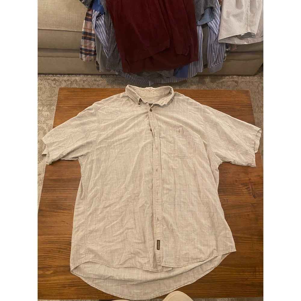 Woolrich Men's XL Button-Up Shirt Beige Short Sleeve Outdoor Casual Vintage